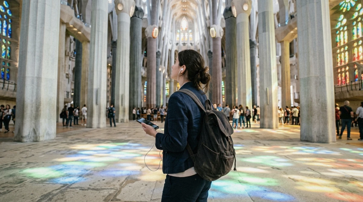 A visitor holding a phone with earphones under the branching columns, using a Sagrada Familia audio guide ticket to tour the basilica