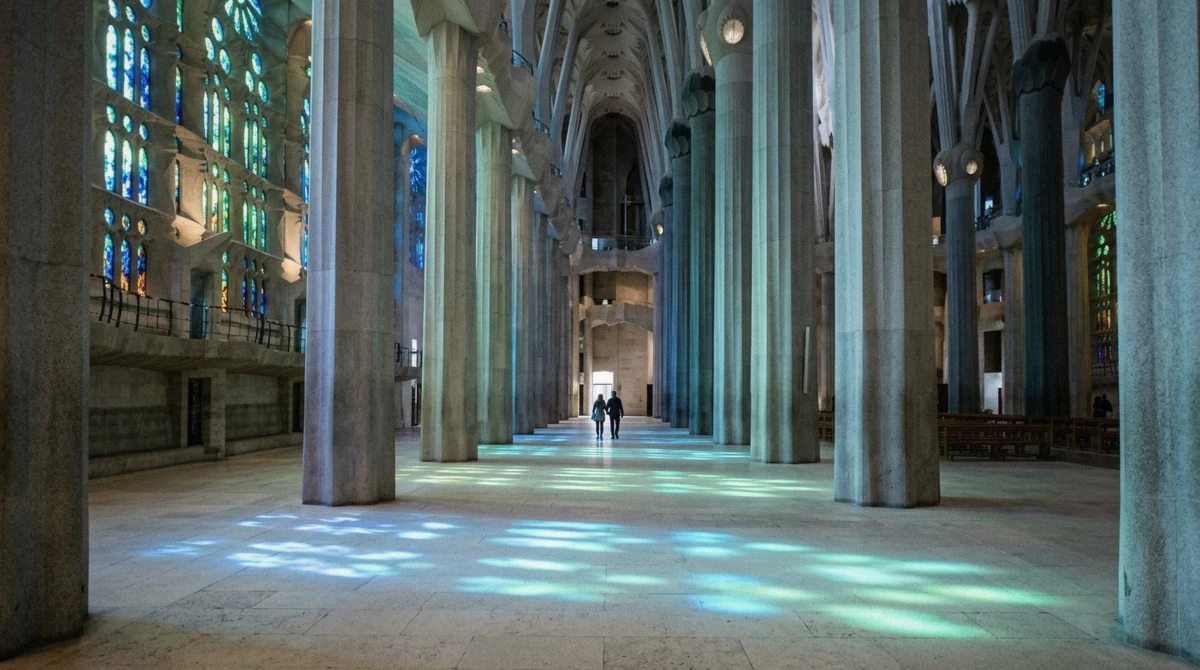 Cold blue and green light from the eastern windows across the nave floor, the best time to visit Sagrada Familia for morning colour