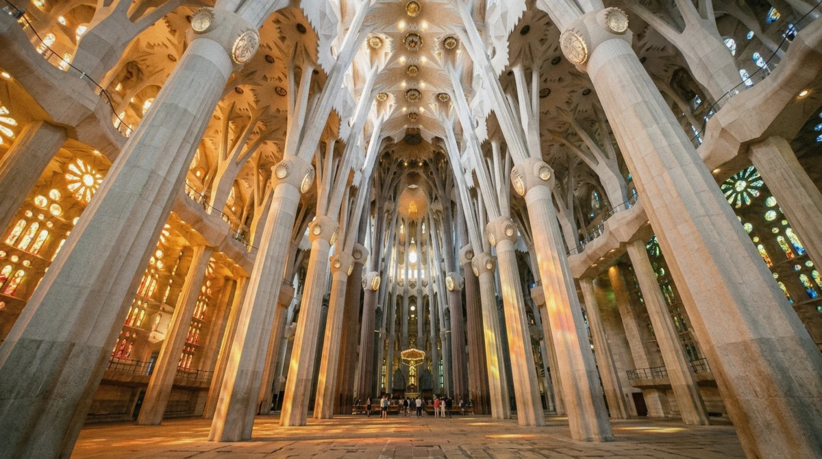 Sunlight through the western stained glass falling on the branching stone columns of the nave, seen on a la sagrada familia tour inside the basilica in Barcelona