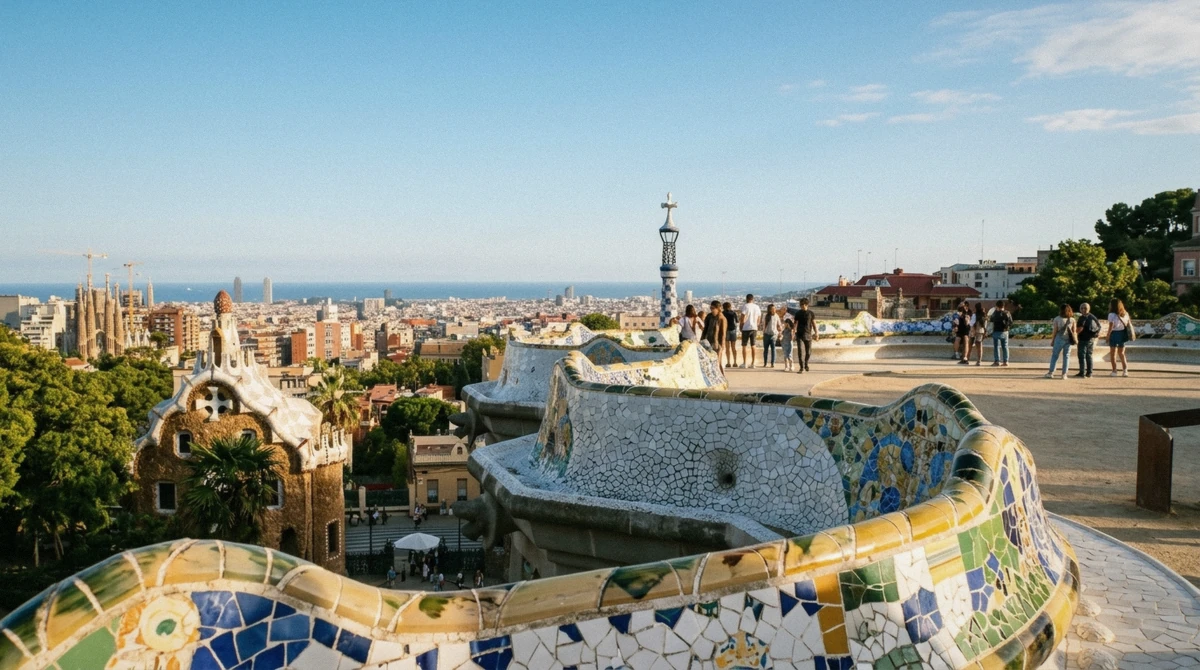 The mosaic serpentine bench and terrace at Park Güell above Barcelona, the second half of a Sagrada Familia and Park Güell tour