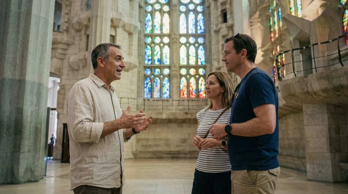 An official basilica guide explaining a stained glass window to two visitors on a Sagrada Familia private tour
