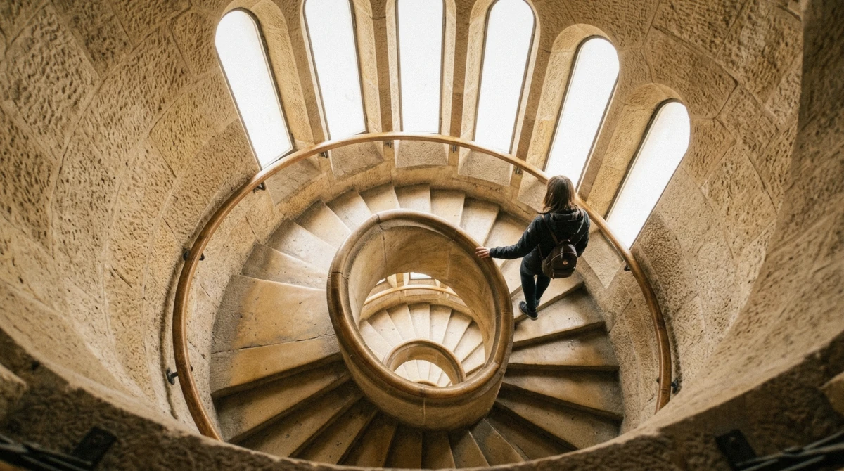 The narrow stone spiral staircase visitors descend after a lift ride, the part that decides whether the Sagrada Familia towers are worth it