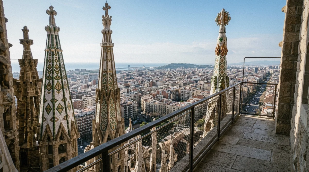 View east from the Nativity tower walkway over the Eixample grid to the sea, the reason many say the Sagrada Familia towers are worth it