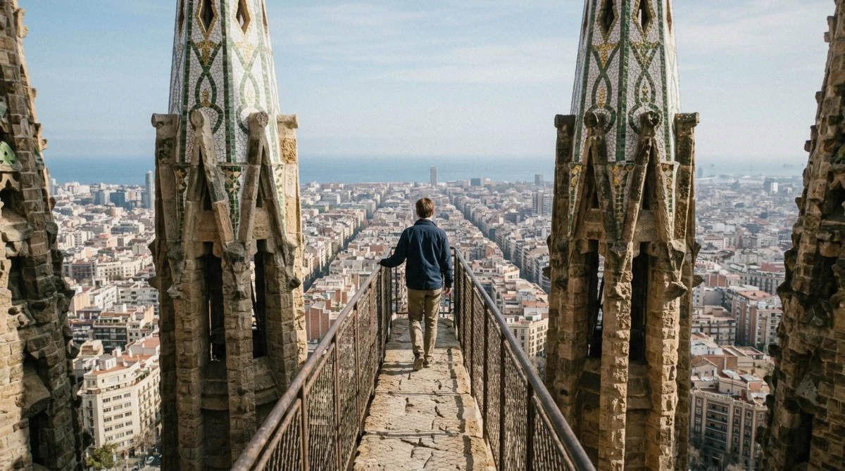 Narrow stone walkway between the Nativity towers with the Barcelona rooftops below, seen on a la sagrada familia tour with tower access